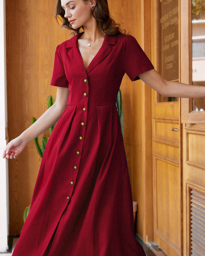 Red A-Line Pleated Button Midi Dress