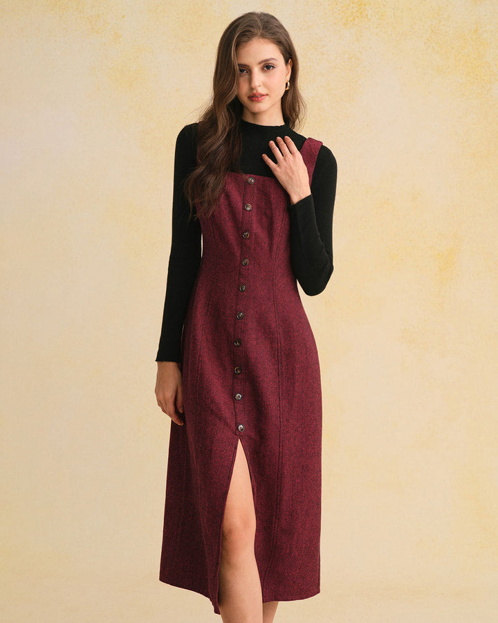 Red Sleeveless Slit Button Midi Dress