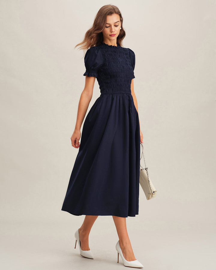 Blue Shirred A-Line Midi Dress