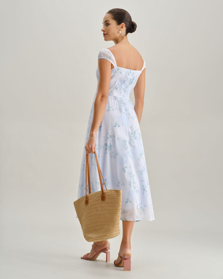Blue Floral Sweetheart Neck Slip Midi Dress