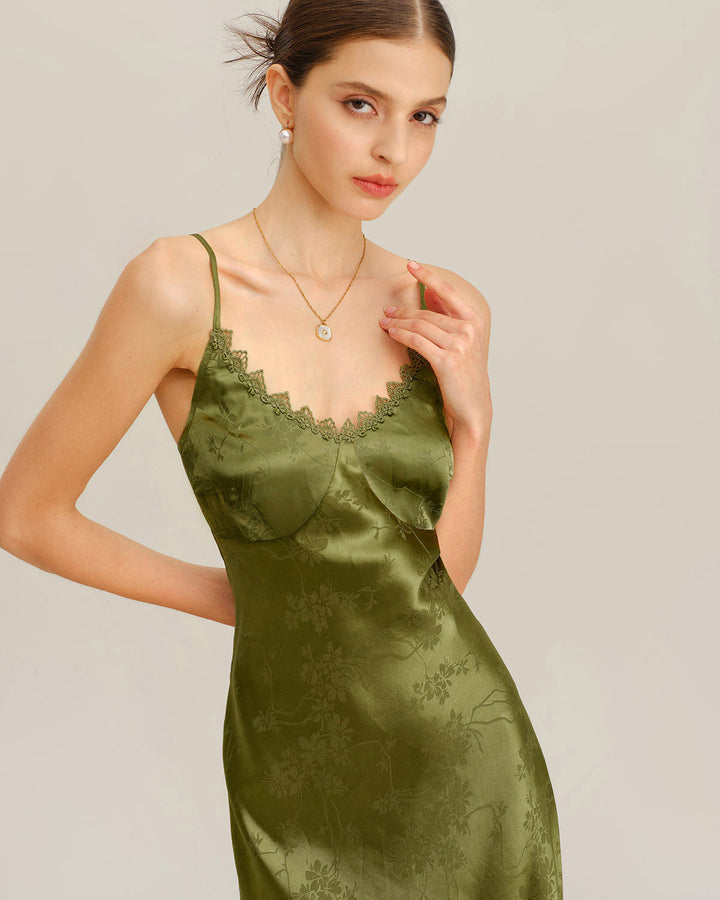Green Jacquard Corset Slip Maxi Dress