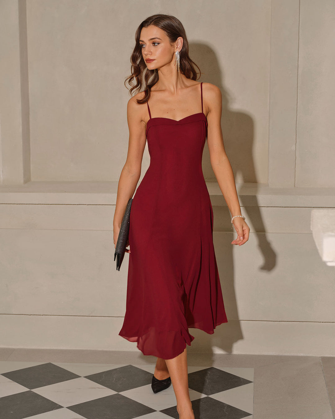 Red A-Line Corset Slip Midi Dress
