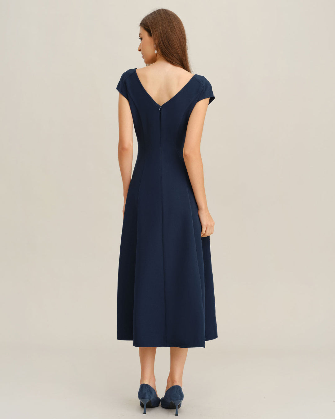 Navy Cap Sleeve A-Line Midi Dress