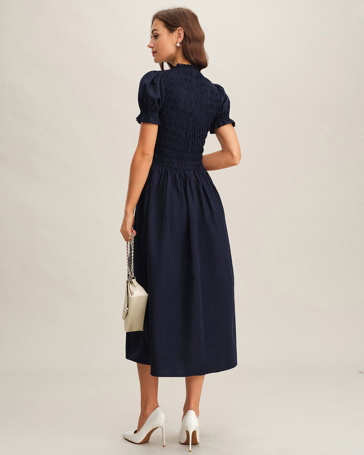 Blue Shirred A-Line Midi Dress