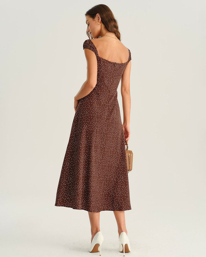 Brown Polka Dot Cap Sleeve Midi Dress