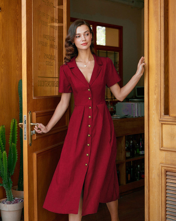 Red A-Line Pleated Button Midi Dress