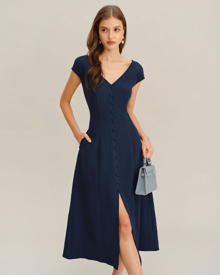 Navy Cap Sleeve A-Line Midi Dress