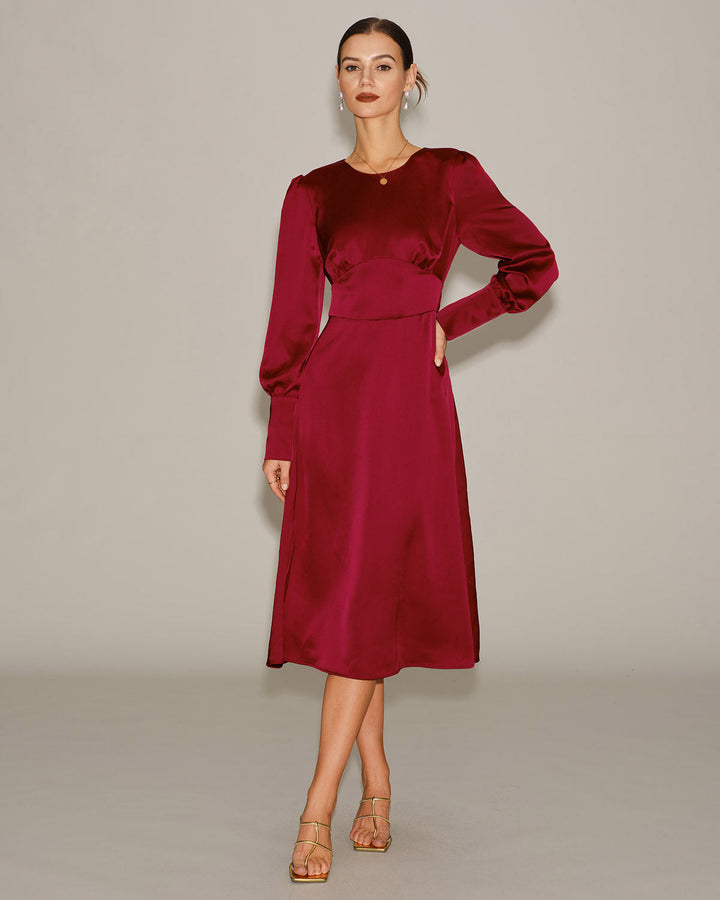 Wine Red Satin A-Line Midi Dress
