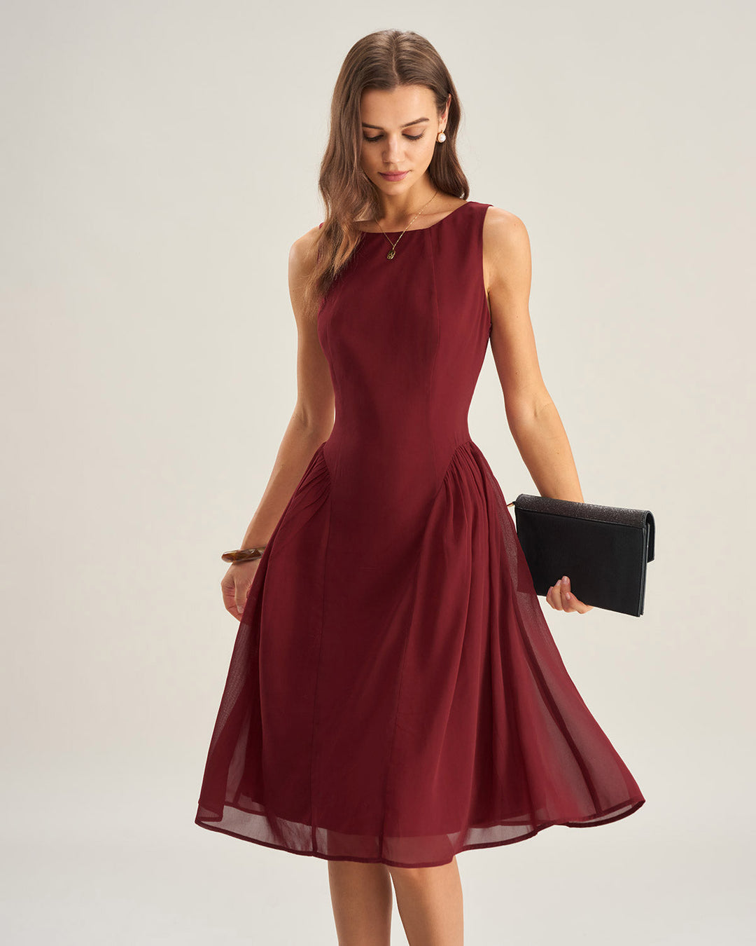 Wine Red Chiffon Sleeveless Midi Dress