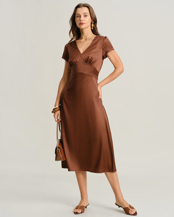 Brown V Neck Cap Sleeve Midi Dress