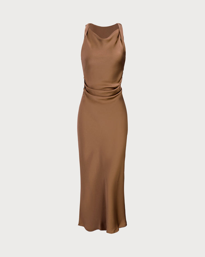 Coffee Satin Boat Neck Slip Midi Dress