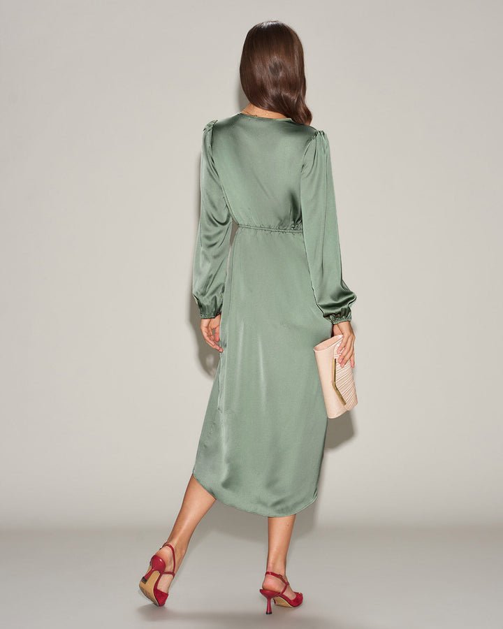 Green Satin Ruched Midi Dress