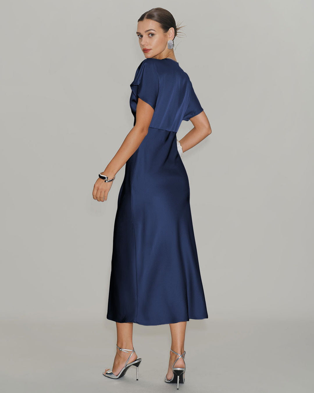 Navy Satin Cowl Sleeve Midi Dress
