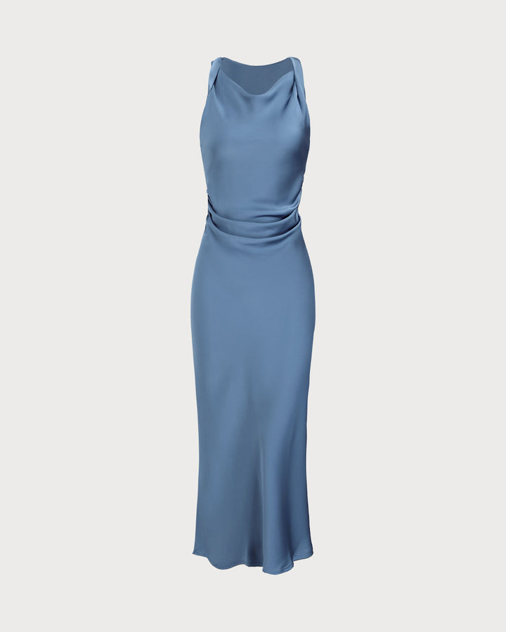 Blue Satin Boat Neck Slip Midi Dress