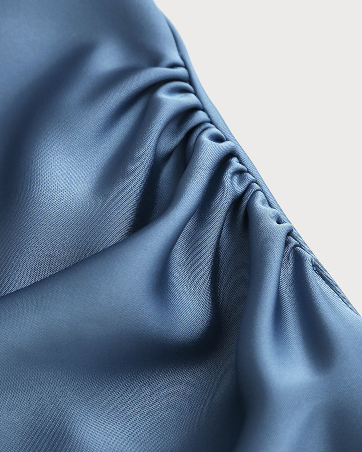 Blue Satin Boat Neck Slip Midi Dress