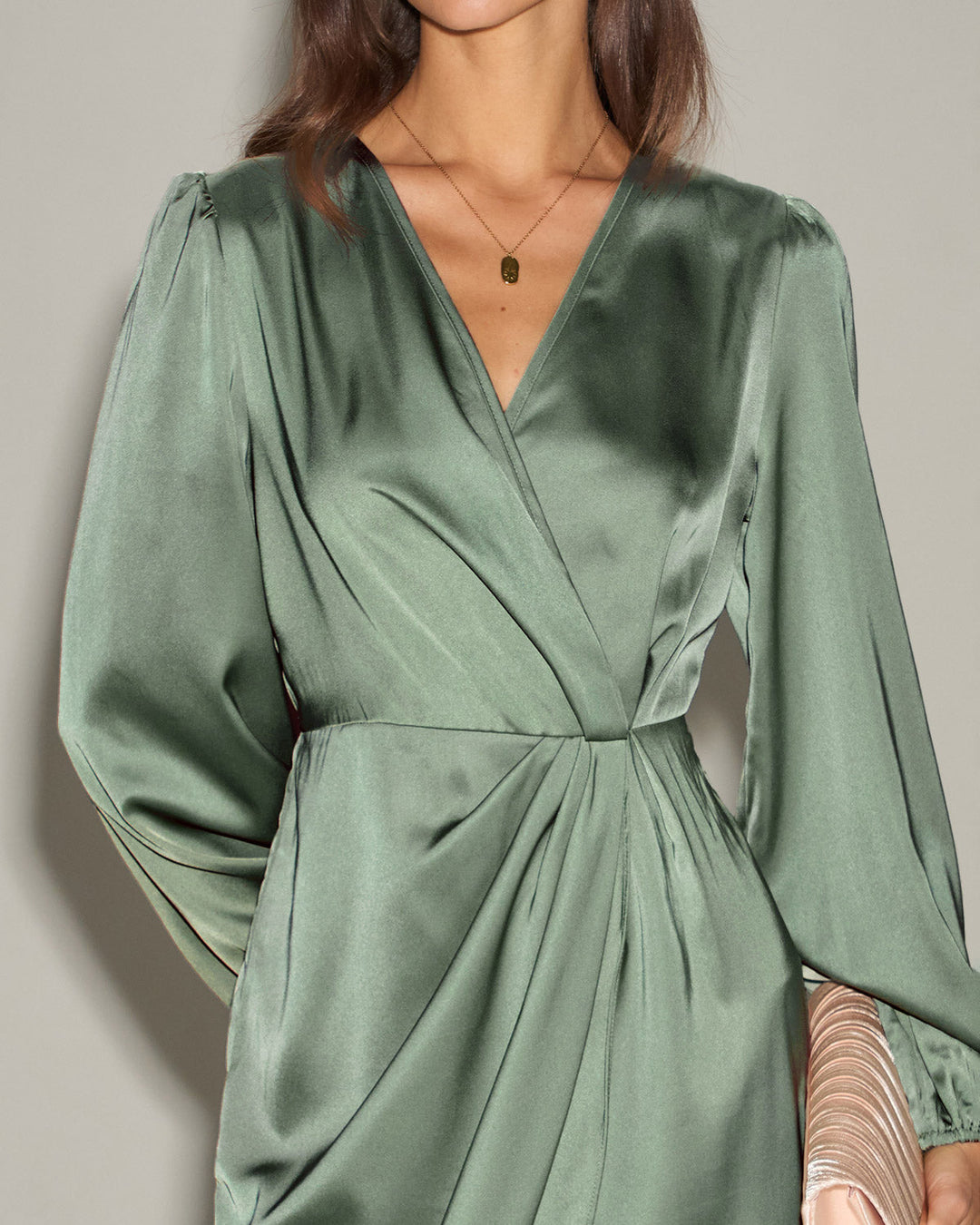 Green Satin Ruched Midi Dress