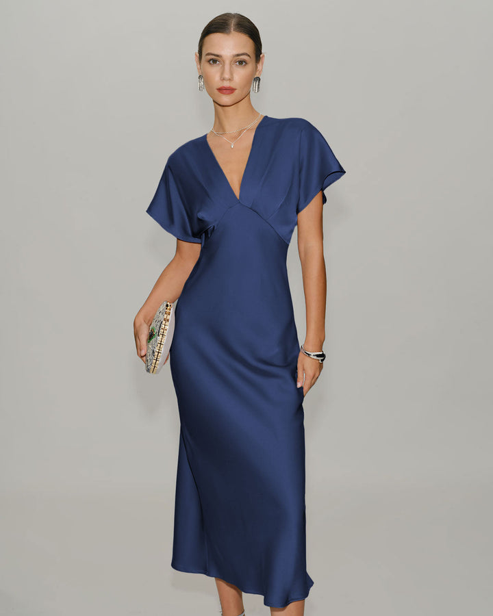 Navy Satin Cowl Sleeve Midi Dress