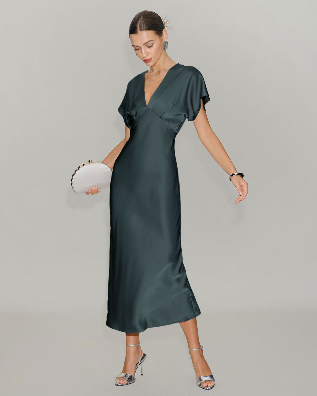 Grey Green Satin Cowl Sleeve Midi Dress
