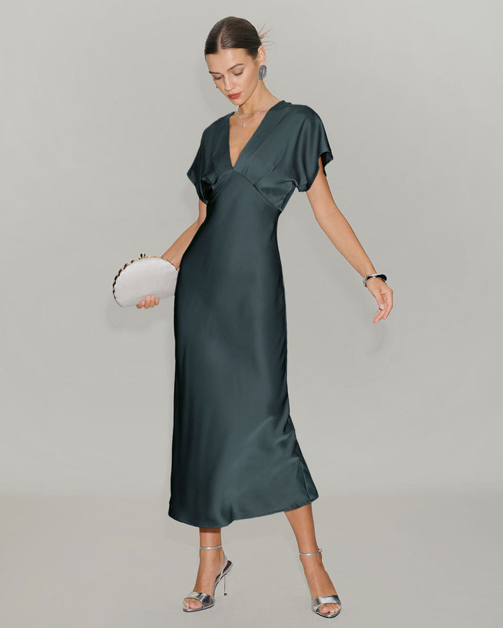 Grey Green Satin Cowl Sleeve Midi Dress