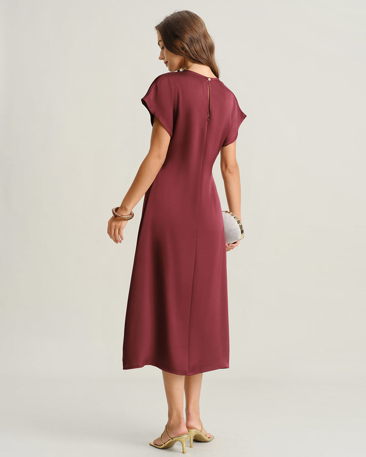 Red Satin Cowl Sleeve A-Line Midi Dress