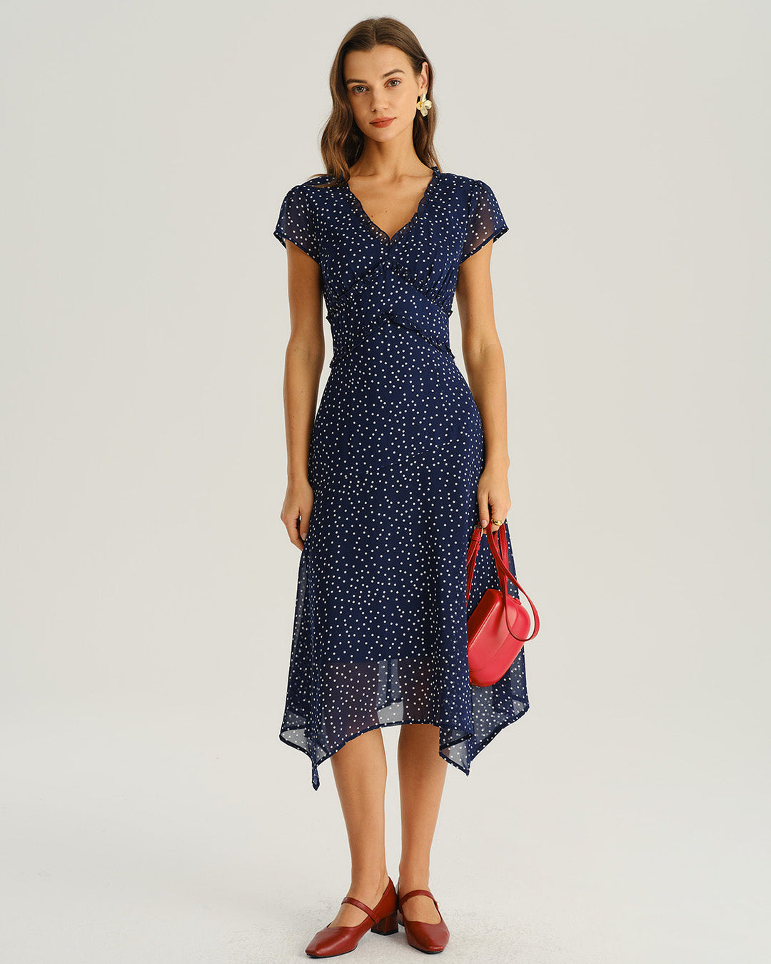 Navy Polka Dot Cap Sleeve Midi Dress