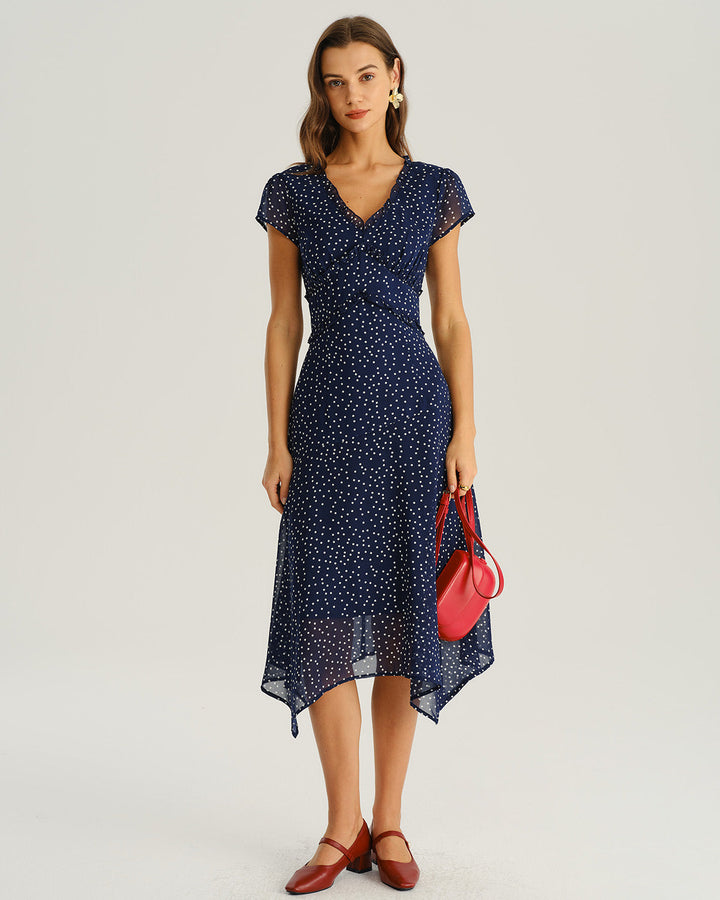 Navy Polka Dot Cap Sleeve Midi Dress