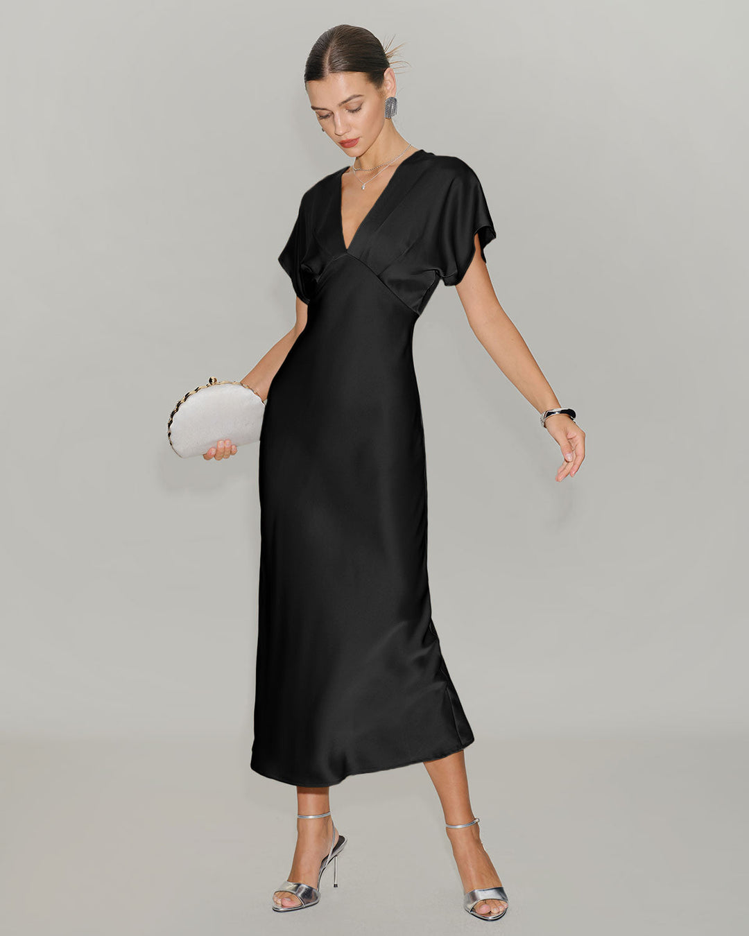 Black Satin Cowl Sleeve Midi Dress