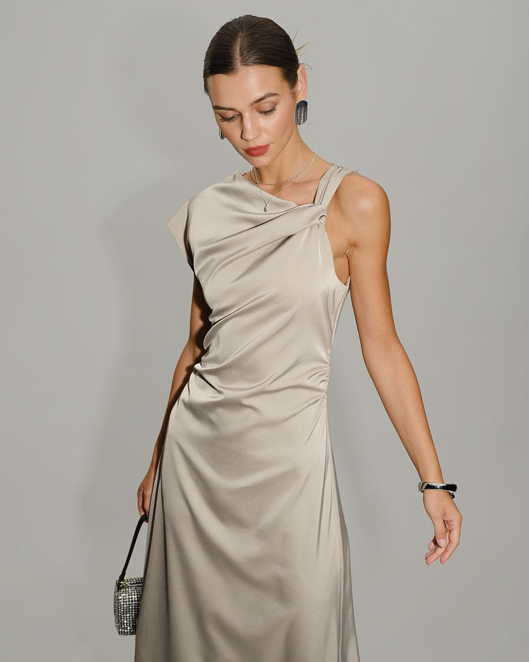 Grey Cowl Sleeve Asymmetrical Satin Midi Dress