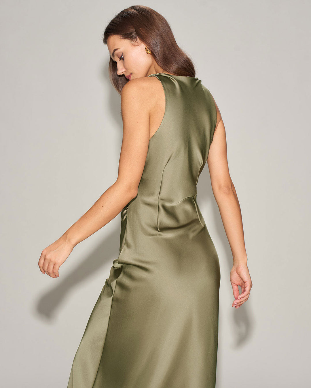 Green Satin Boat Neck Slip Midi Dress