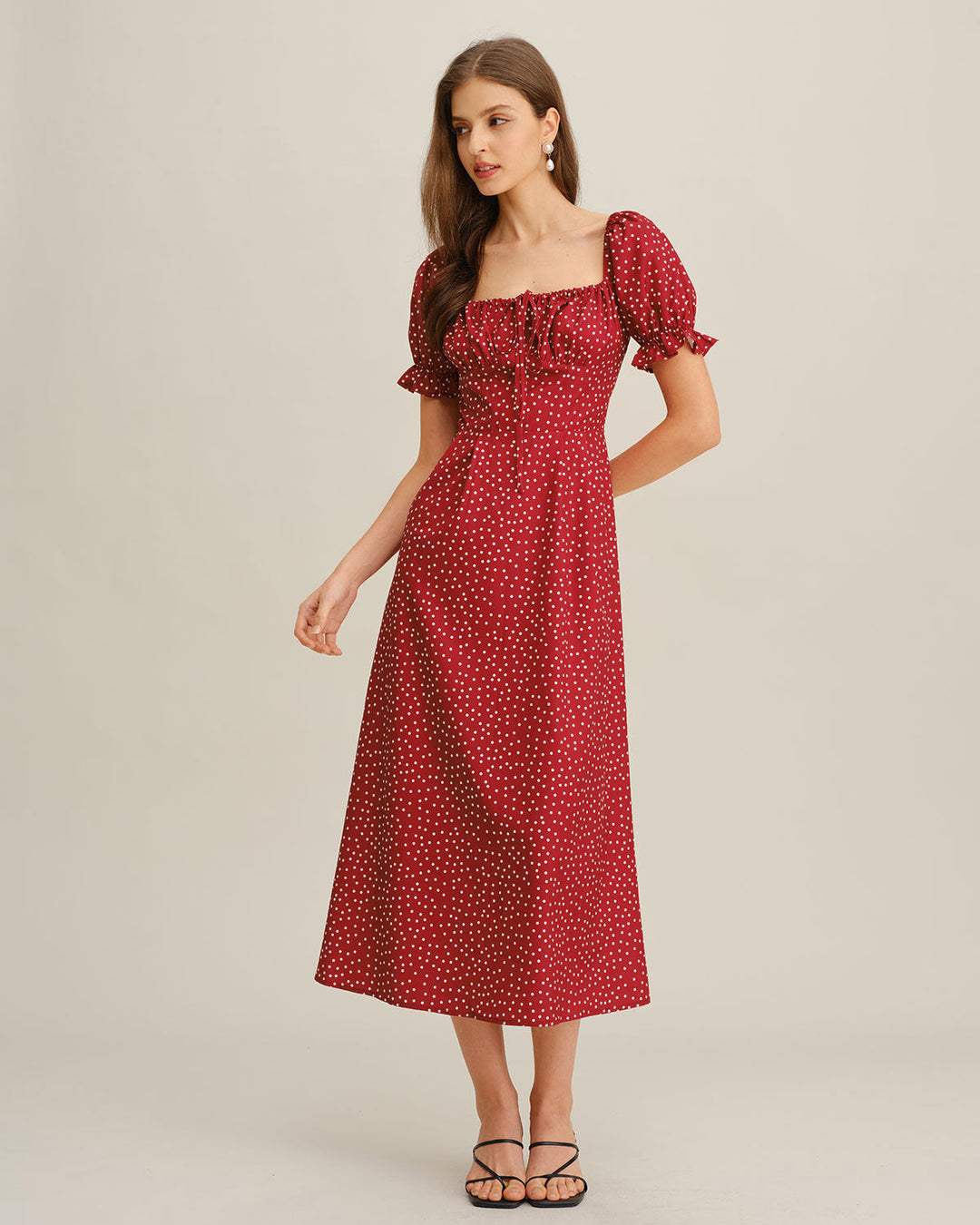 Red Polka Dot A-Line Square Neck Midi Dress