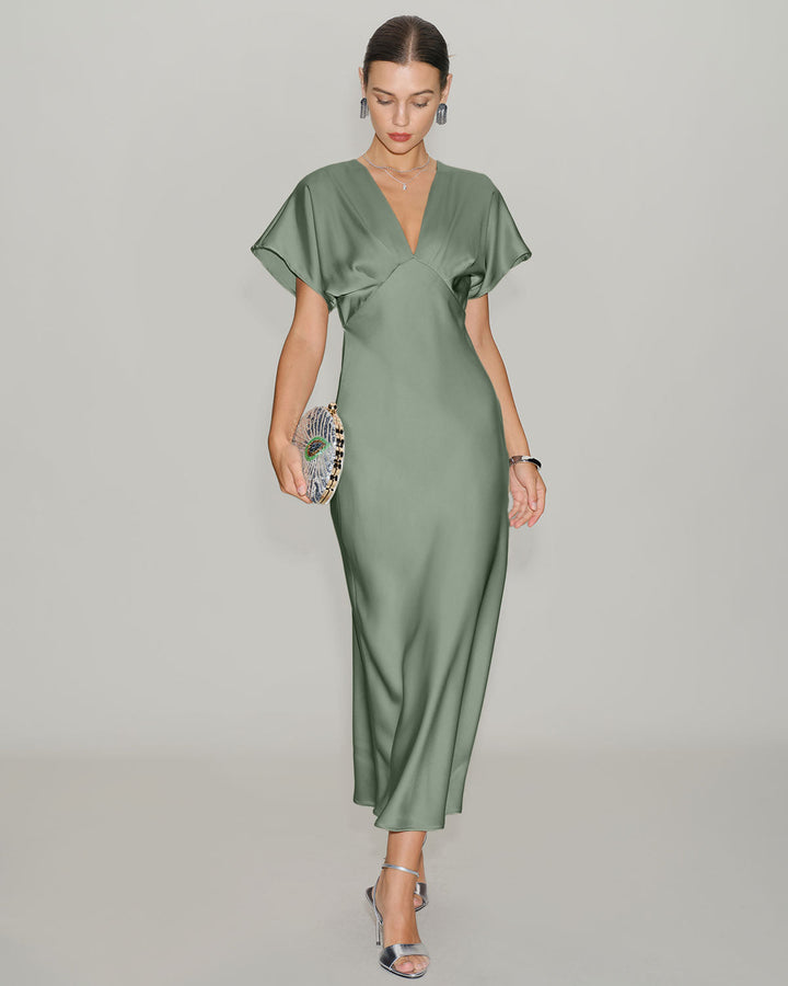 Green Satin V Neck A-Line Midi Dress