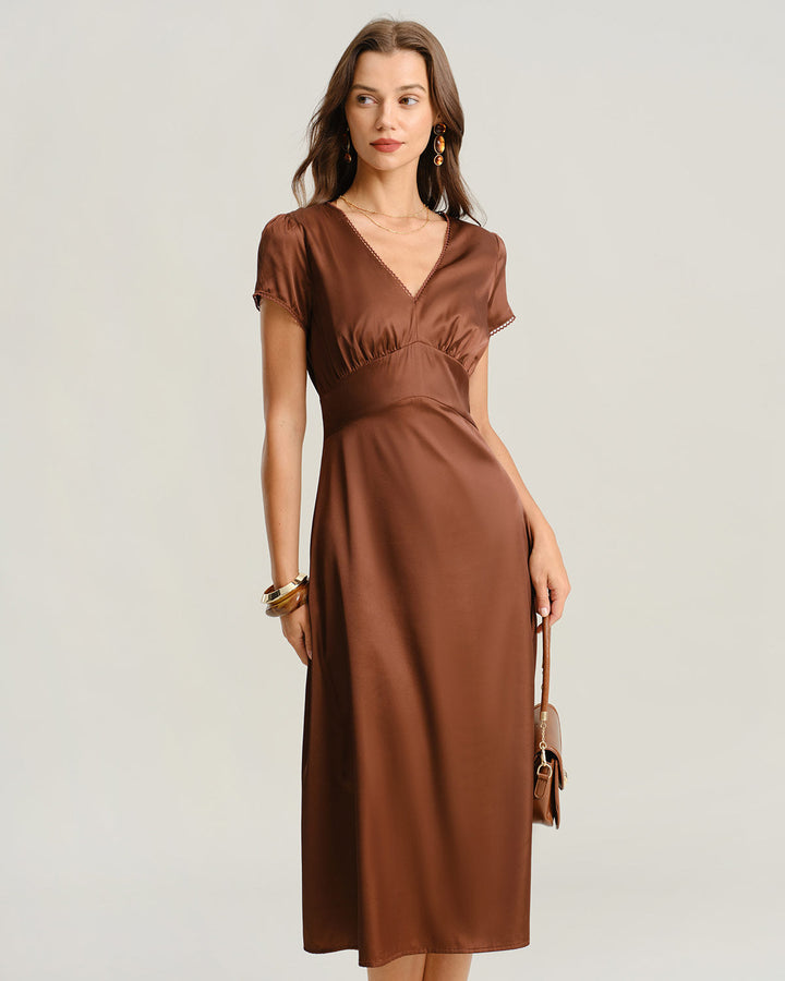 Brown V Neck Cap Sleeve Midi Dress