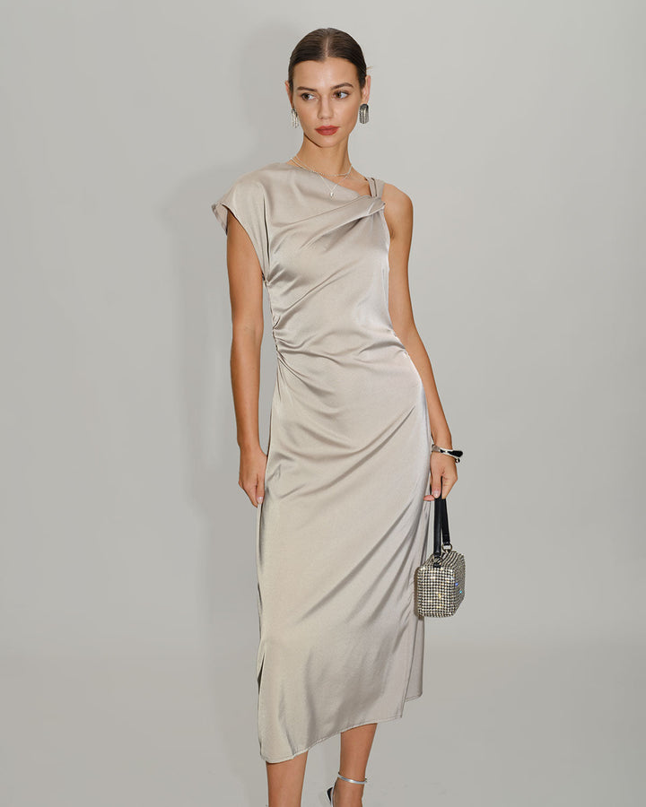 Grey Cowl Sleeve Asymmetrical Satin Midi Dress
