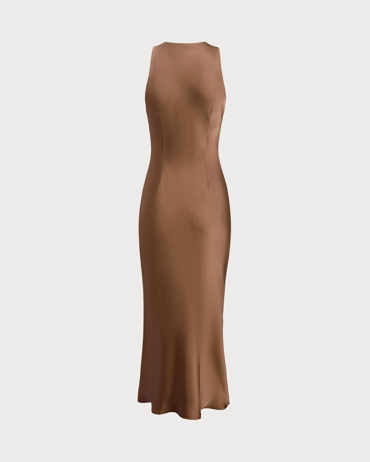 Coffee Satin Boat Neck Slip Midi Dress