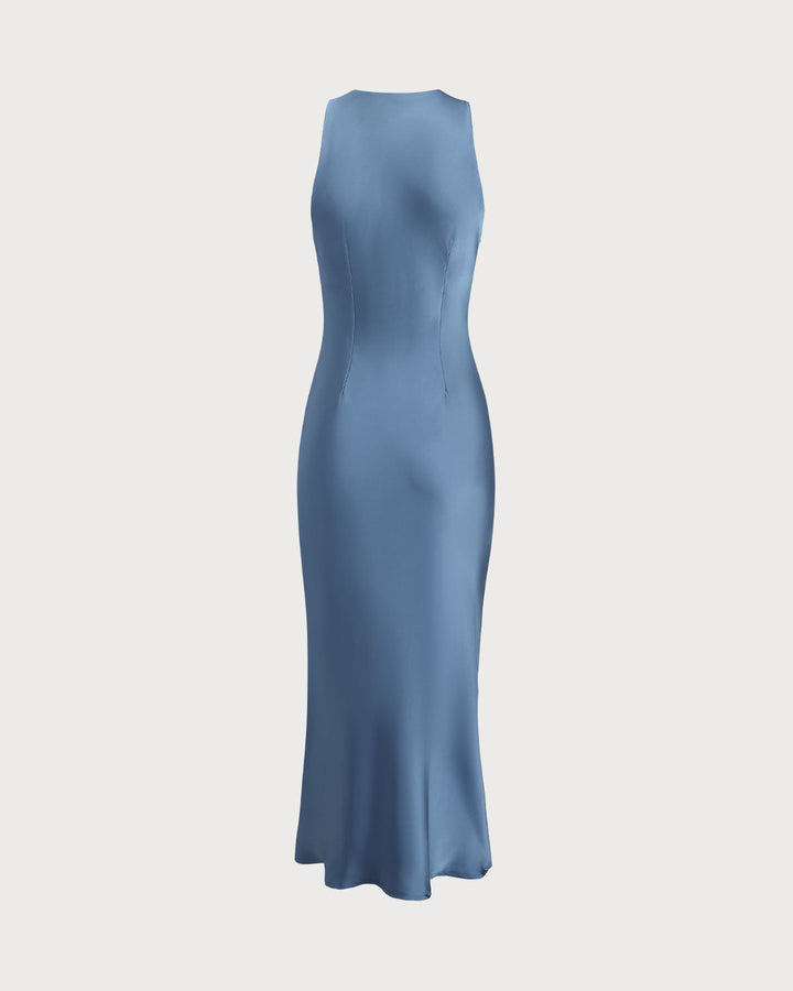 Blue Satin Boat Neck Slip Midi Dress