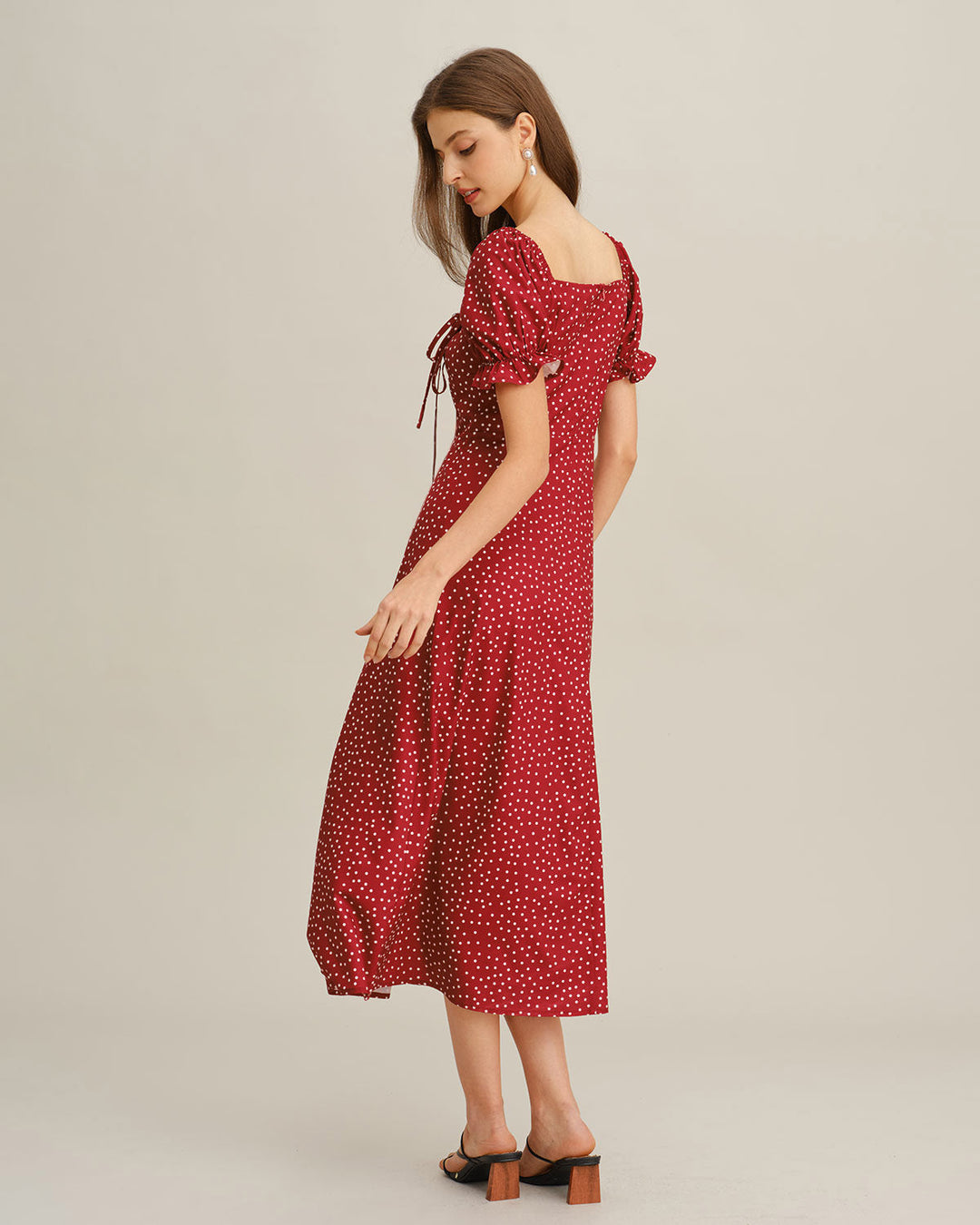 Red Polka Dot A-Line Square Neck Midi Dress