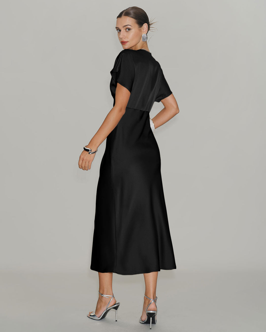 Black Satin Cowl Sleeve Midi Dress