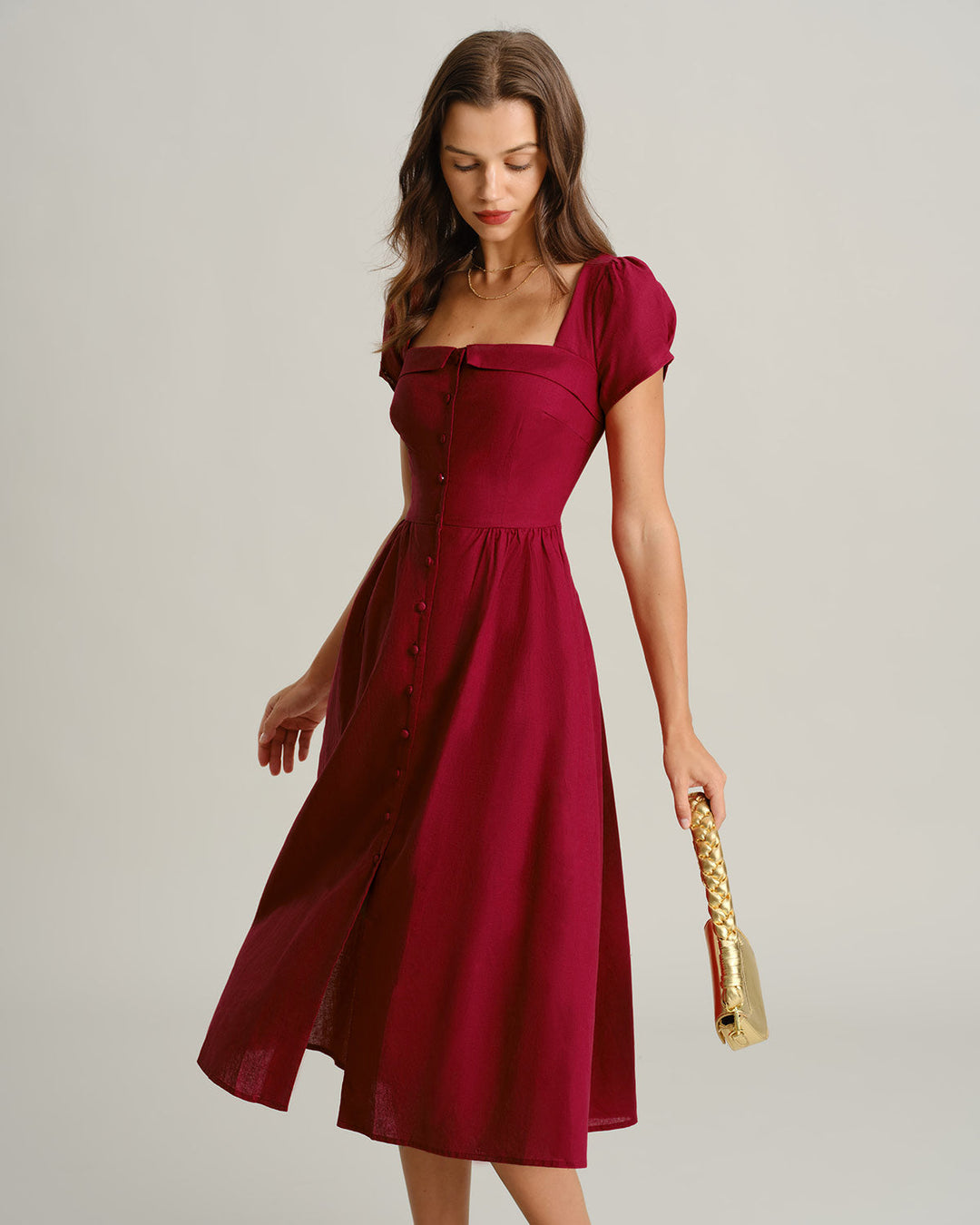 Wine Red Square Neck A-Line Midi Dress
