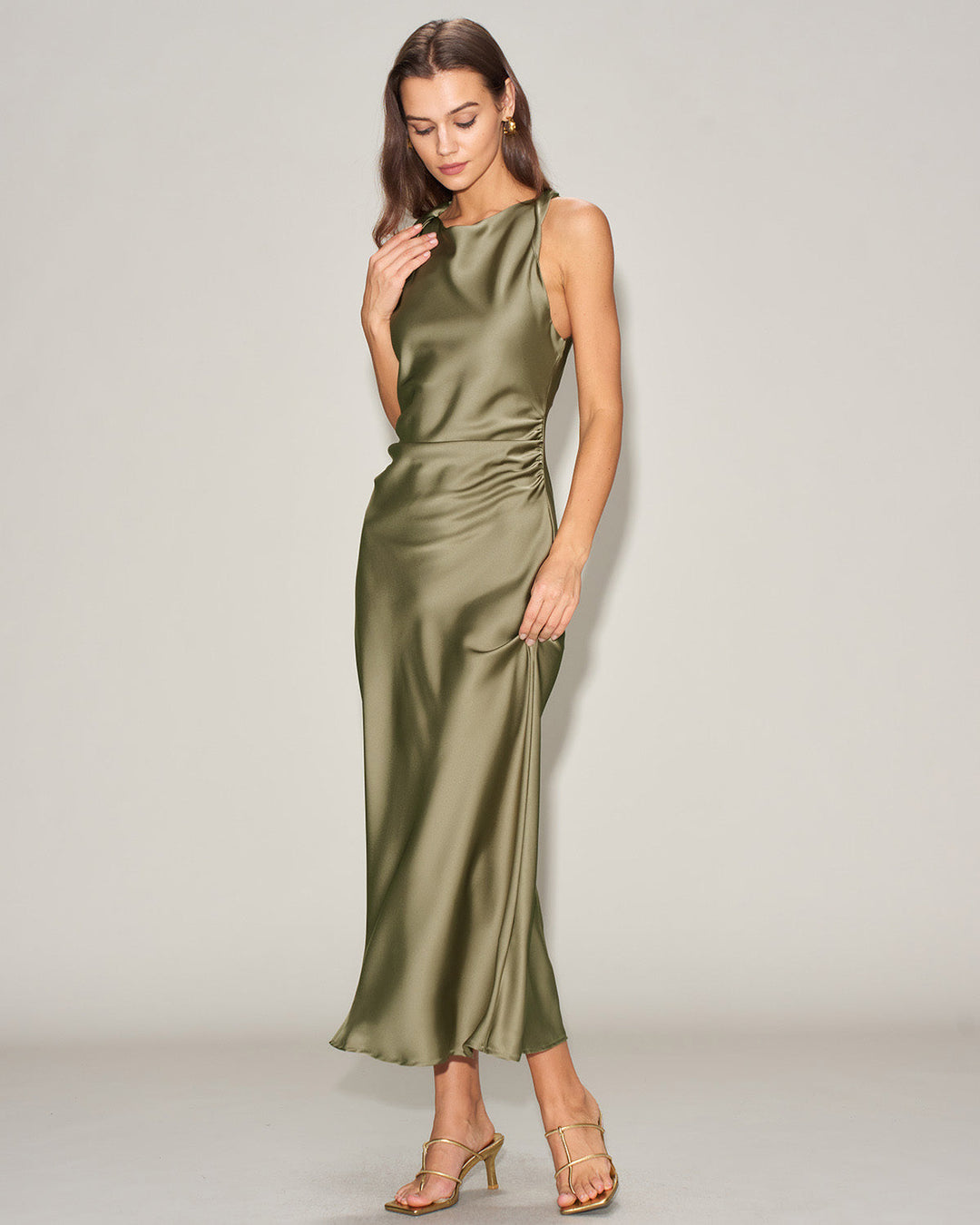 Green Satin Boat Neck Slip Midi Dress