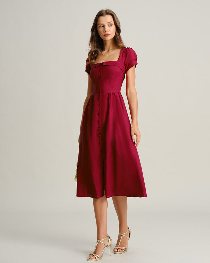 Wine Red Square Neck A-Line Midi Dress