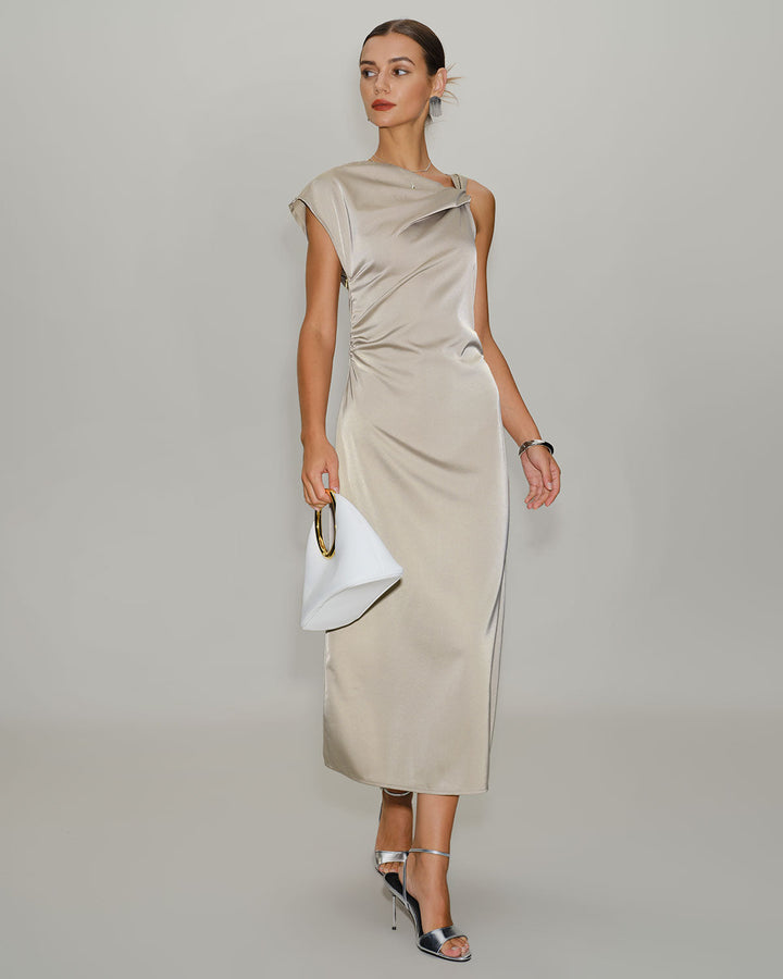 Grey Cowl Sleeve Asymmetrical Satin Midi Dress