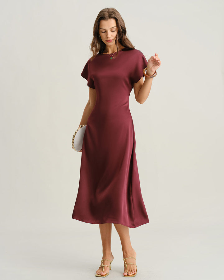 Red Satin Cowl Sleeve A-Line Midi Dress