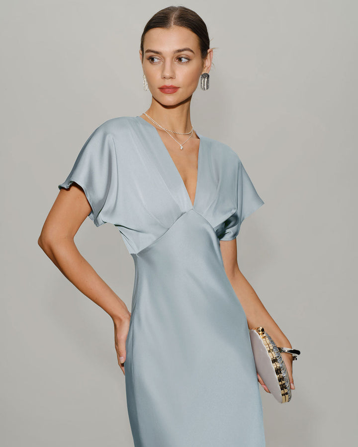 Blue Satin Cowl Sleeve Midi Dress