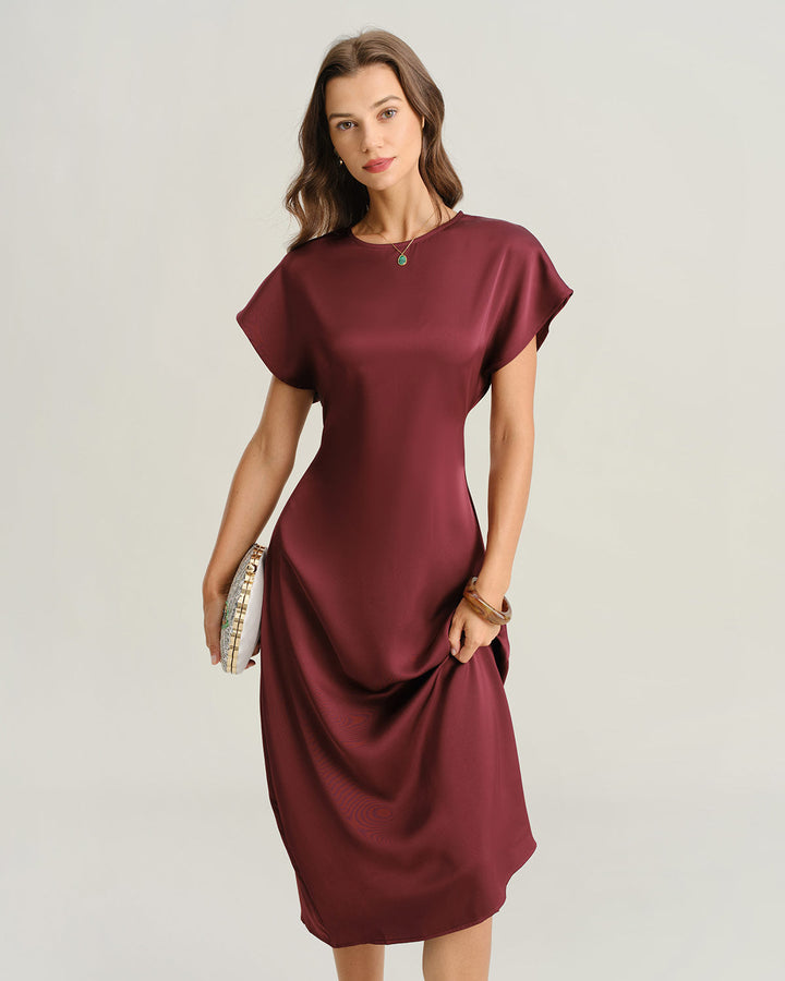 Red Satin Cowl Sleeve A-Line Midi Dress