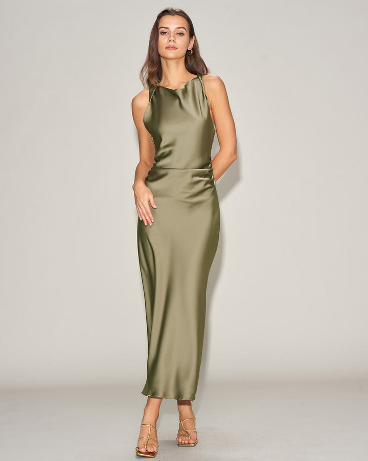 Green Satin Boat Neck Slip Midi Dress