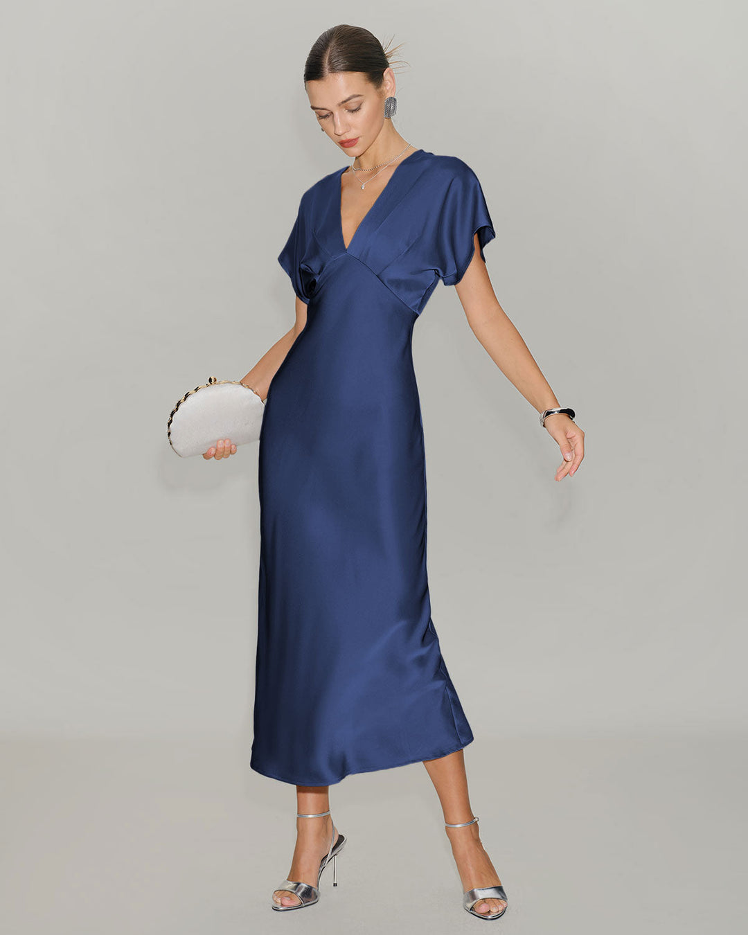 Navy Satin Cowl Sleeve Midi Dress