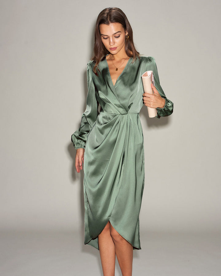 Green Satin Ruched Midi Dress