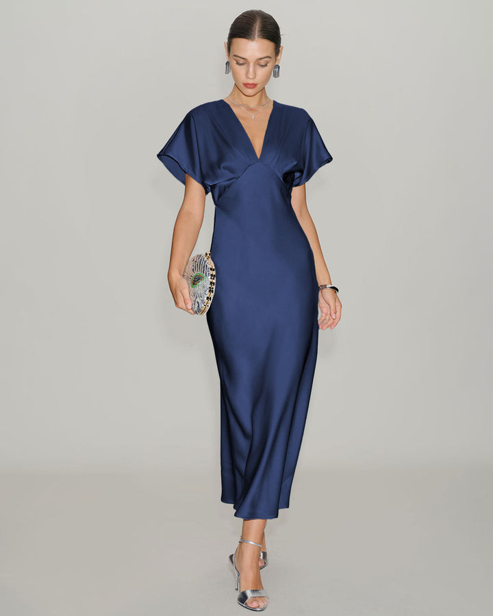 Navy Satin Cowl Sleeve Midi Dress
