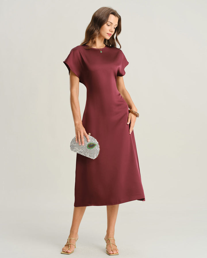 Red Satin Cowl Sleeve A-Line Midi Dress