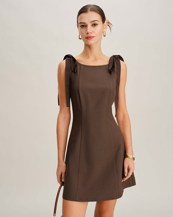 Coffee Boat Neck Tie Strap Mini Dress